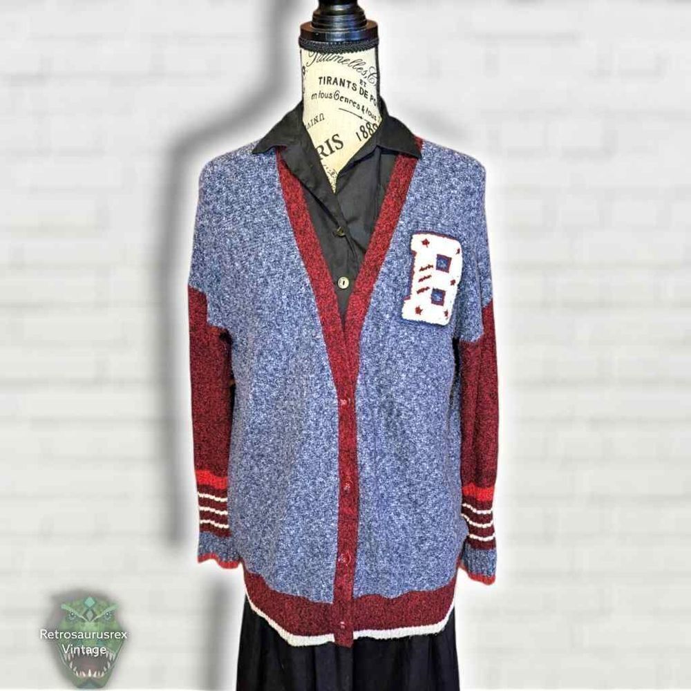 Y2K Retro Preppy Twee Letterman Jacket Style Long cardigan Sweater, Oversized Sm - Picture 6 of 6